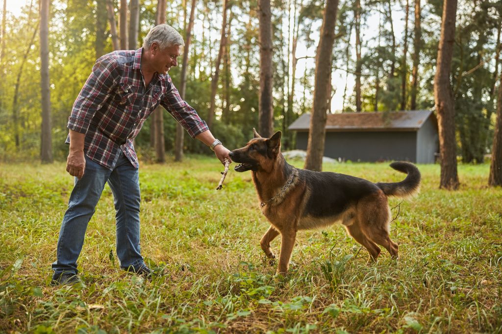 Happy senior citizen playing with his dog outside with Medicare Advantage C